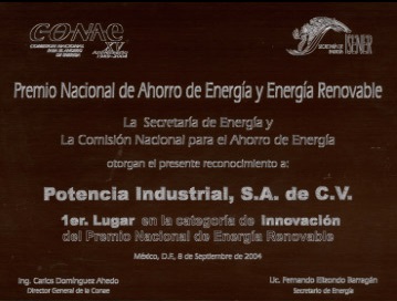 1er. lugar en Innovación del Premio Nacional de Energía Renovable